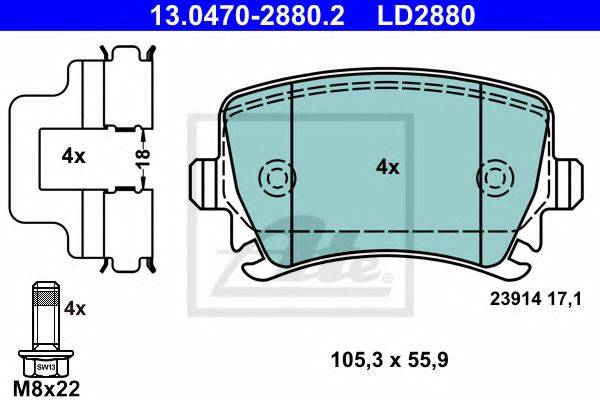 Комплект тормозных колодок, дисковый тормоз ATE 13.0470-2880.2