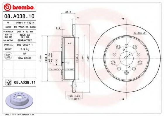 Тормозной диск BREMBO 08.A038.11
