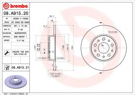 Тормозной диск BREMBO 08.A915.21