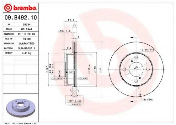 Тормозной диск BREMBO 09.B492.10