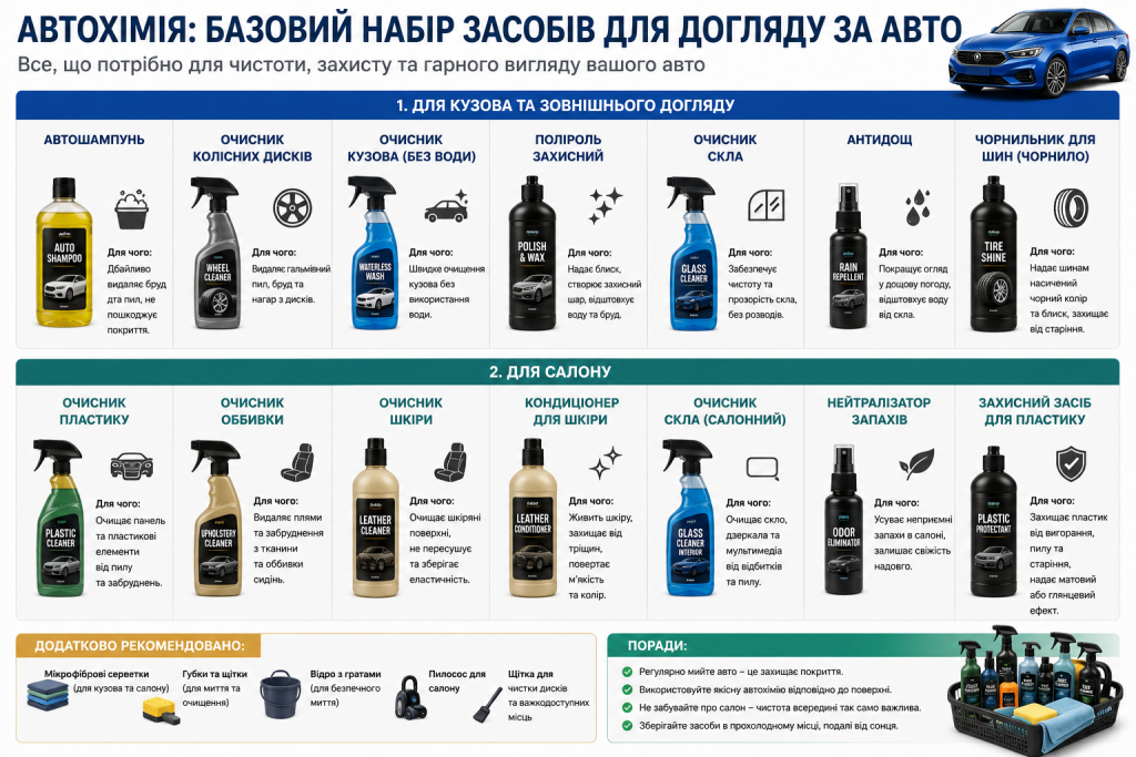 Інфографіка з базовим набором засобів автохімії для кузова та салону автомобіля