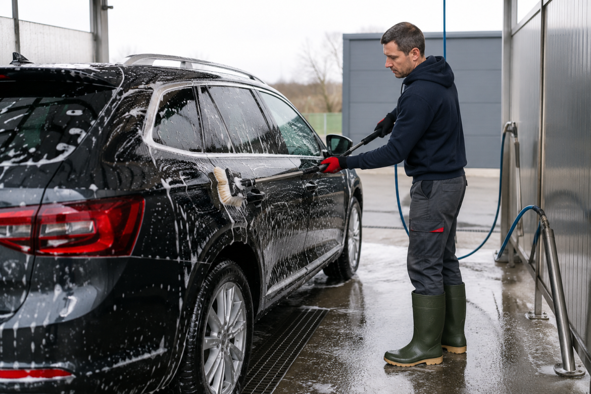 Працівник у гумових чоботях миє чорний автомобіль щіткою з піною на мийці