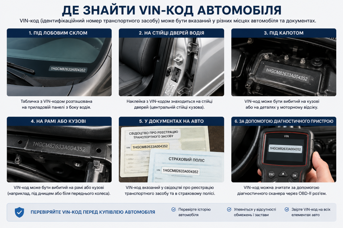 Шість фото з місцями розташування VIN-коду: лобове скло, стійка дверей, під капотом, документи
