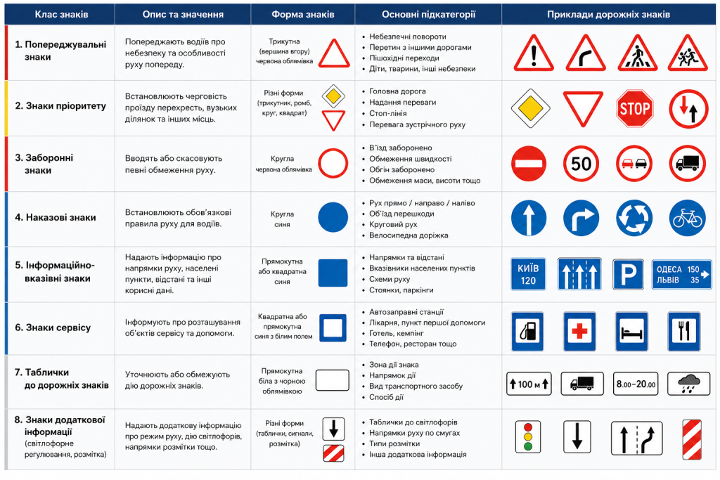Інфографіка з класами дорожніх знаків: попереджувальні, заборонні, наказові, інформаційні