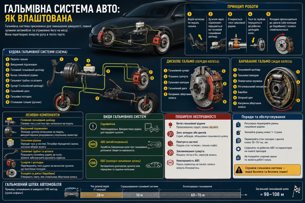 Інфографіка зі схемою будови автомобільної гальмівної системи, принципом роботи, основними компонентами, видами гальм і типовими несправностями.