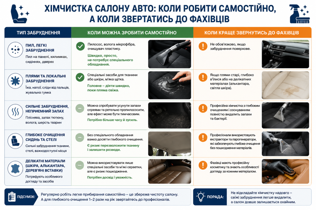 Порівняльна таблиця типів забруднень салону авто та коли варто звертатись до фахівців