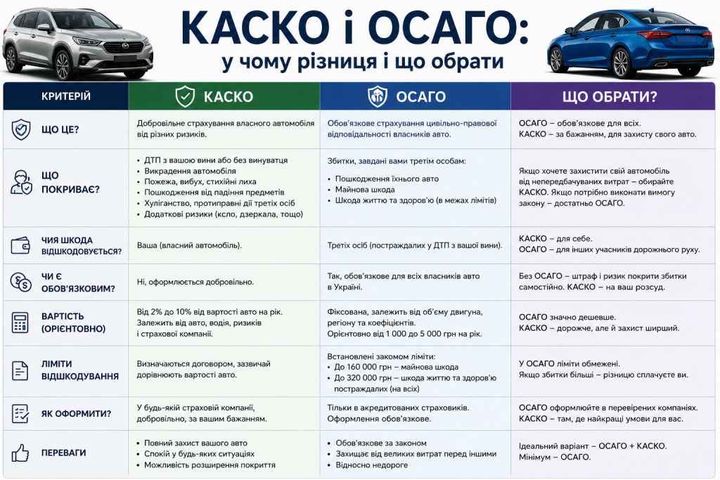 Порівняльна таблиця КАСКО та ОСАГО за покриттям, вартістю та лімітами відшкодування