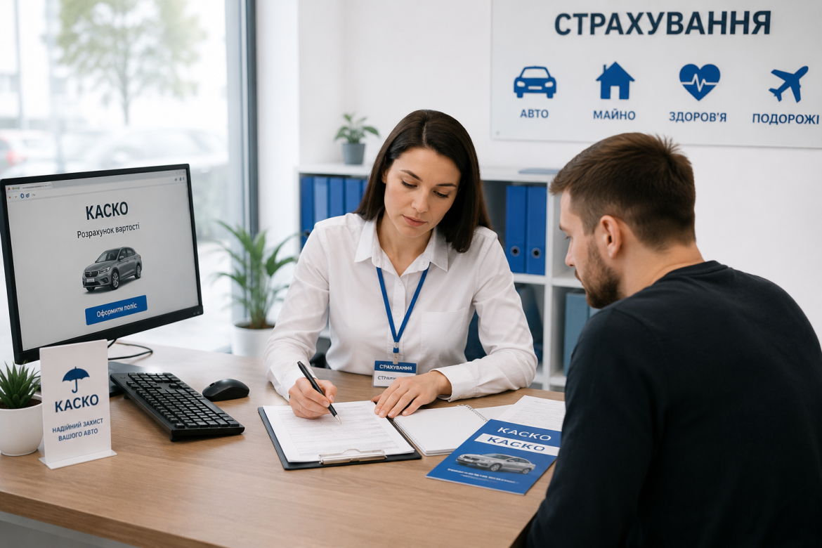 Страховий агент оформляє договір КАСКО з клієнтом за столом в офісі страхування