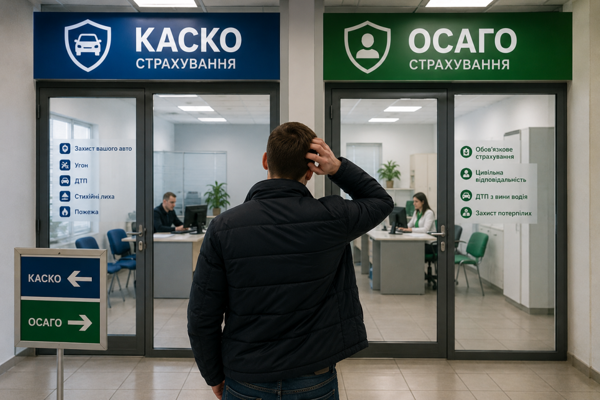 Чоловік стоїть у роздумах між офісами страхування КАСКО та ОСАГО