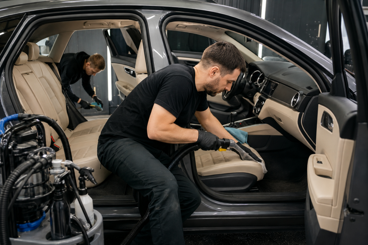 Майстри професійно очищають шкіряні сидіння салону автомобіля спеціальним обладнанням