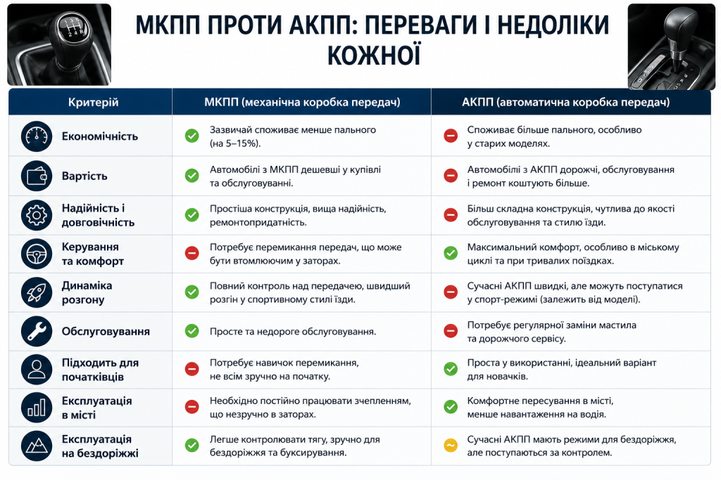 Порівняльна таблиця механічної та автоматичної коробки передач за економічністю, комфортом та обслуговуванням