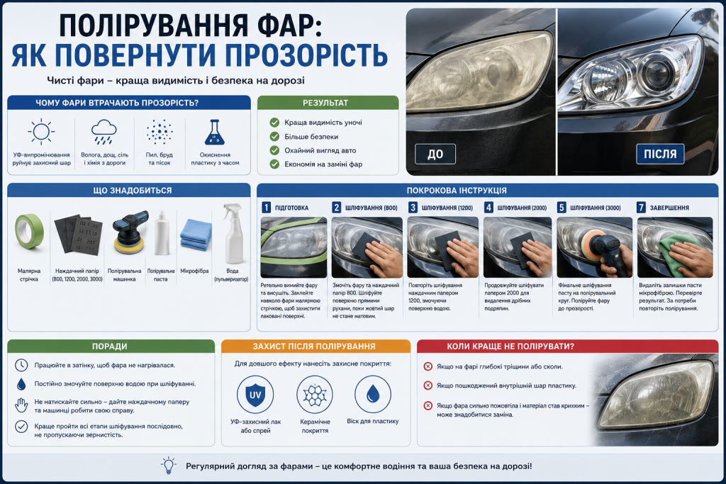Інфографіка з покроковою інструкцією полірування автомобільних фар та необхідними матеріалами.