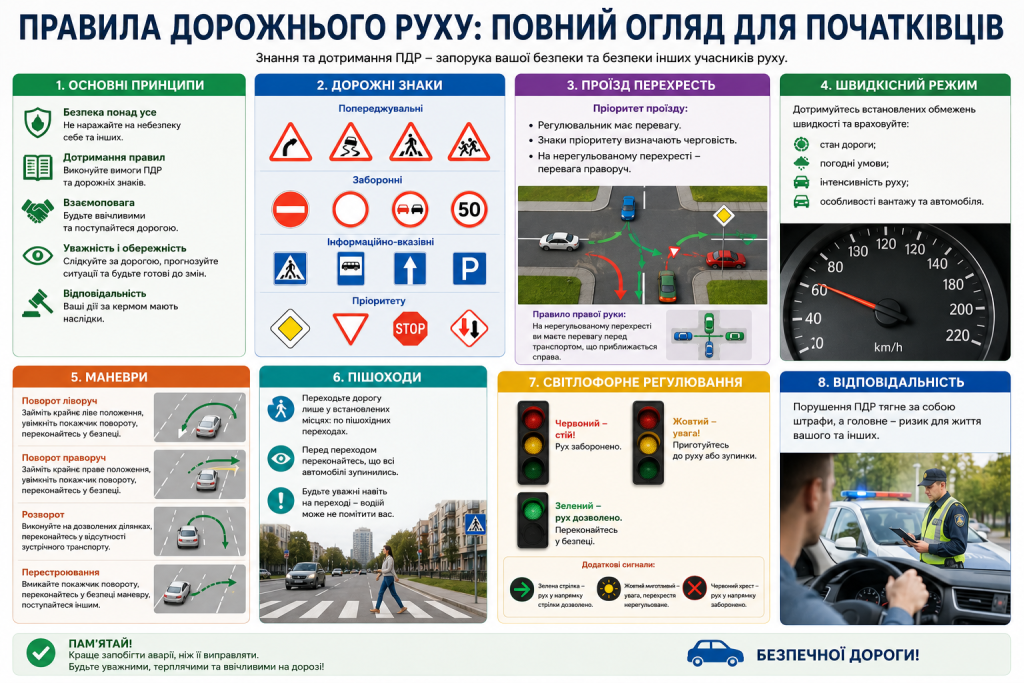 Інфографіка з основними принципами ПДР, дорожніми знаками, маневрами та світлофорним регулюванням
