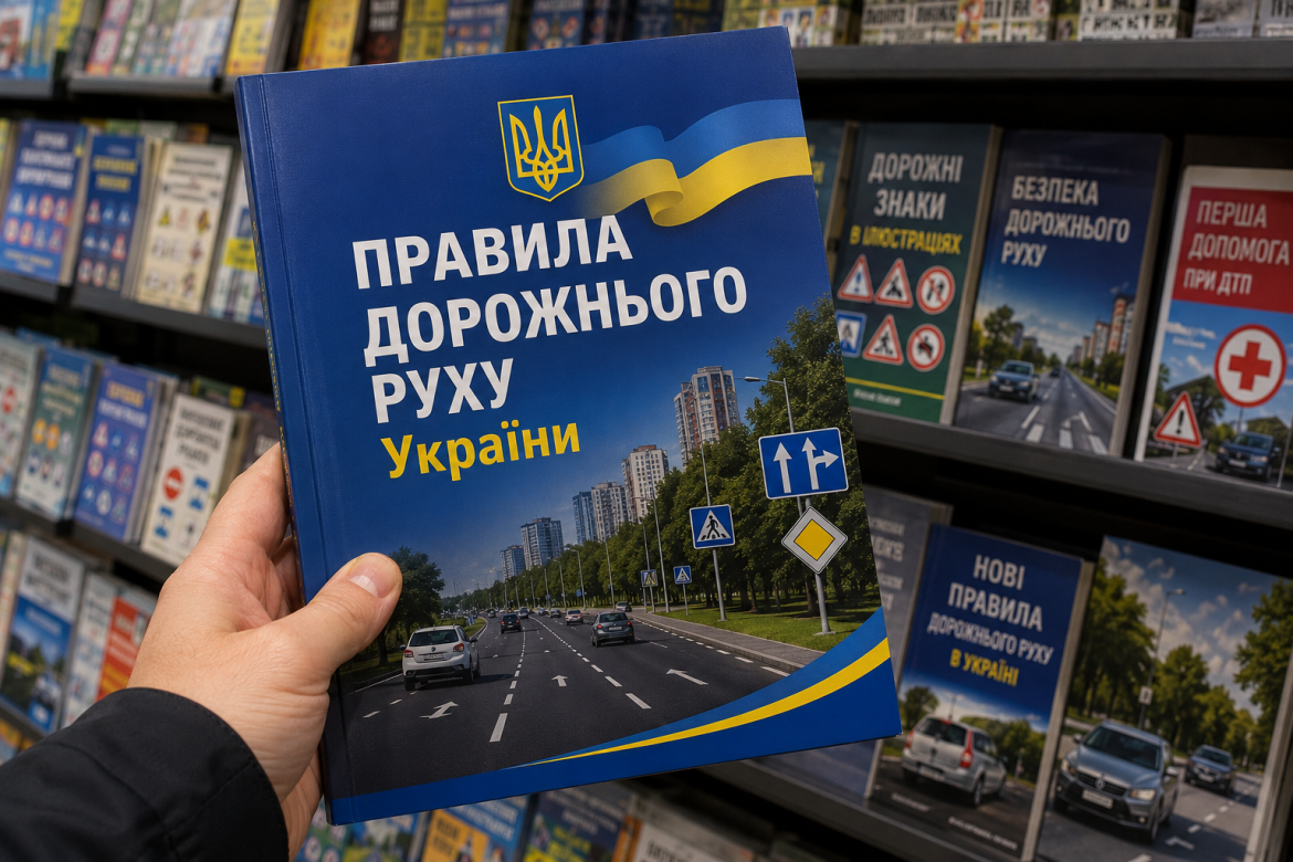 Рука тримає книгу з правилами дорожнього руху України на фоні книжкової полиці магазину