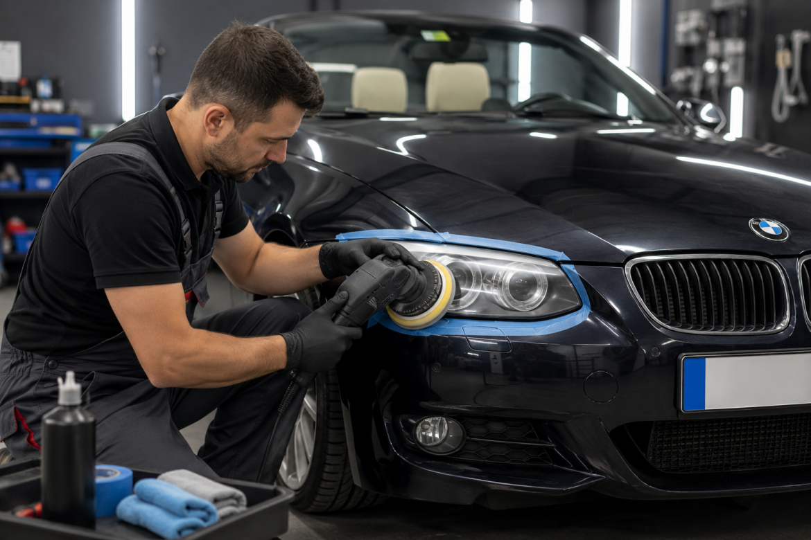 Працівник автосервісу полірує передню фару чорного автомобіля полірувальною машинкою.
