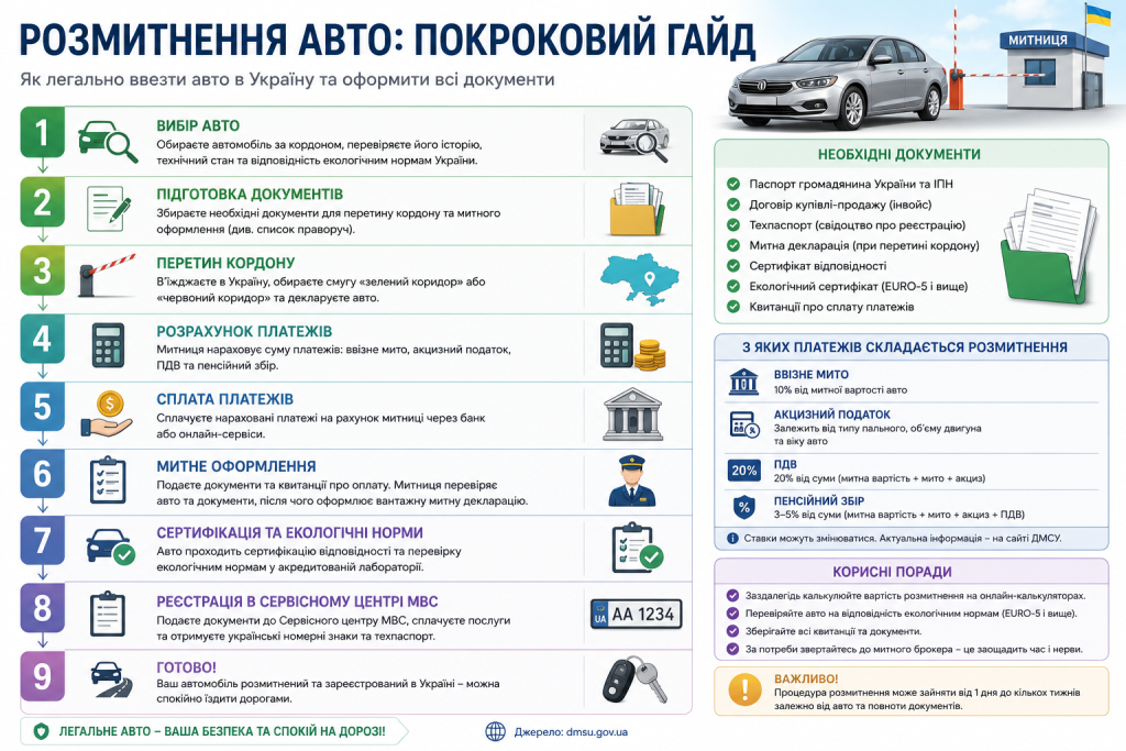 Інфографіка з покроковою інструкцією розмитнення автомобіля в Україні: документи, платежі, реєстрація
