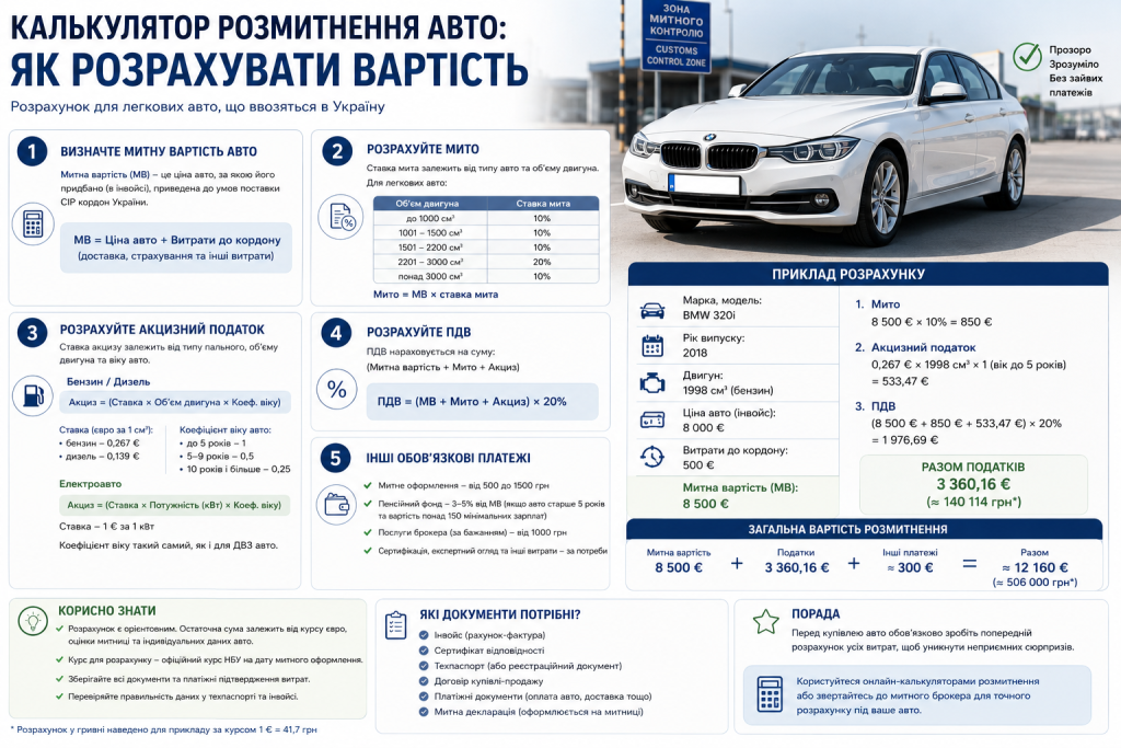Інфографіка з поясненням розрахунку вартості розмитнення автомобіля в Україні, мита, акцизу та ПДВ.