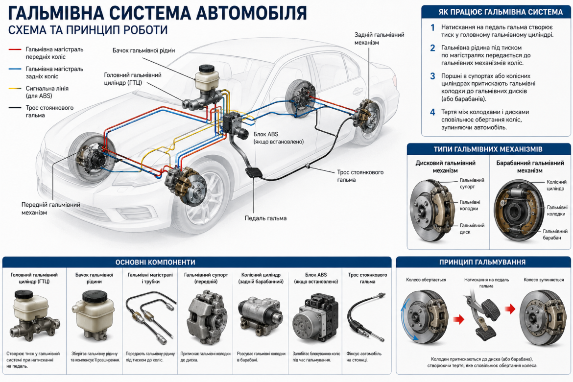 Схема автомобільної гальмівної системи з позначенням головного гальмівного циліндра, ABS, магістралей, дискових і барабанних гальм та принципу їх роботи.
