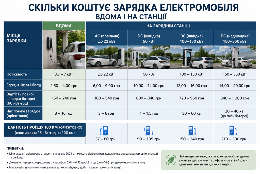Інфографіка з порівнянням вартості заряджання електромобіля вдома та на зарядних станціях AC і DC, із зазначенням потужності, ціни за кВт·год, часу повної зарядки та орієнтовної вартості поїздки.
