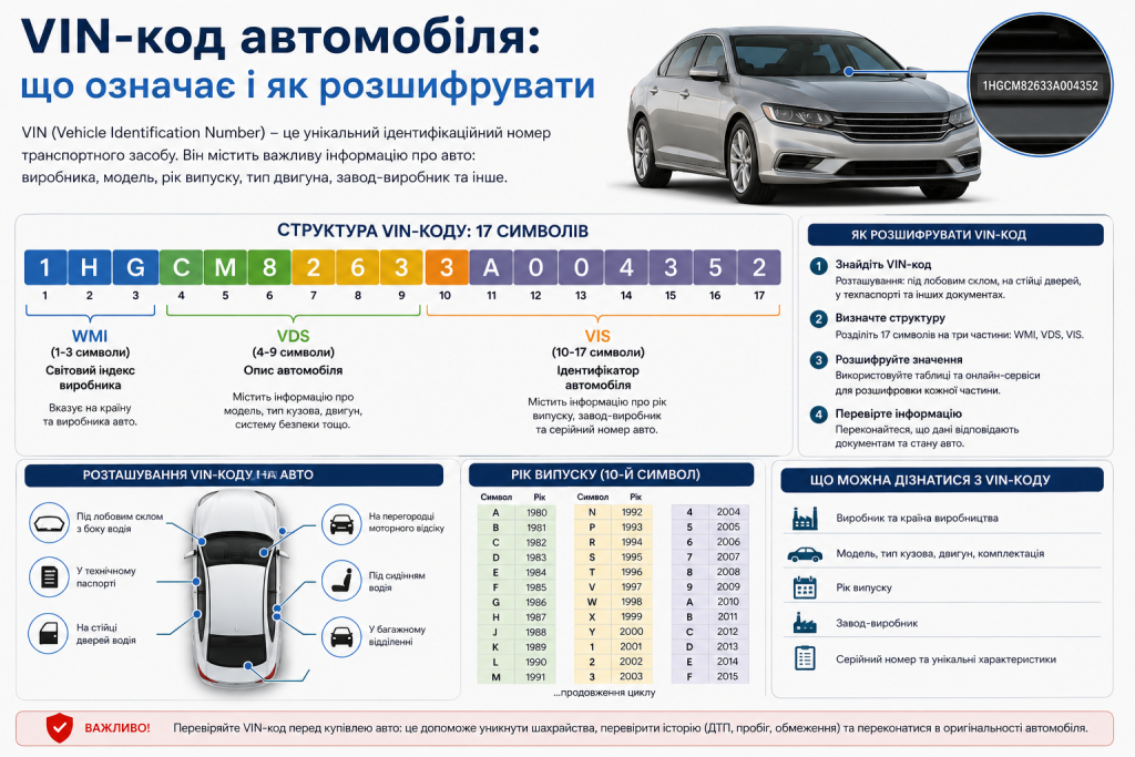 Інфографіка зі структурою VIN-коду автомобіля, розташуванням та розшифровкою символів