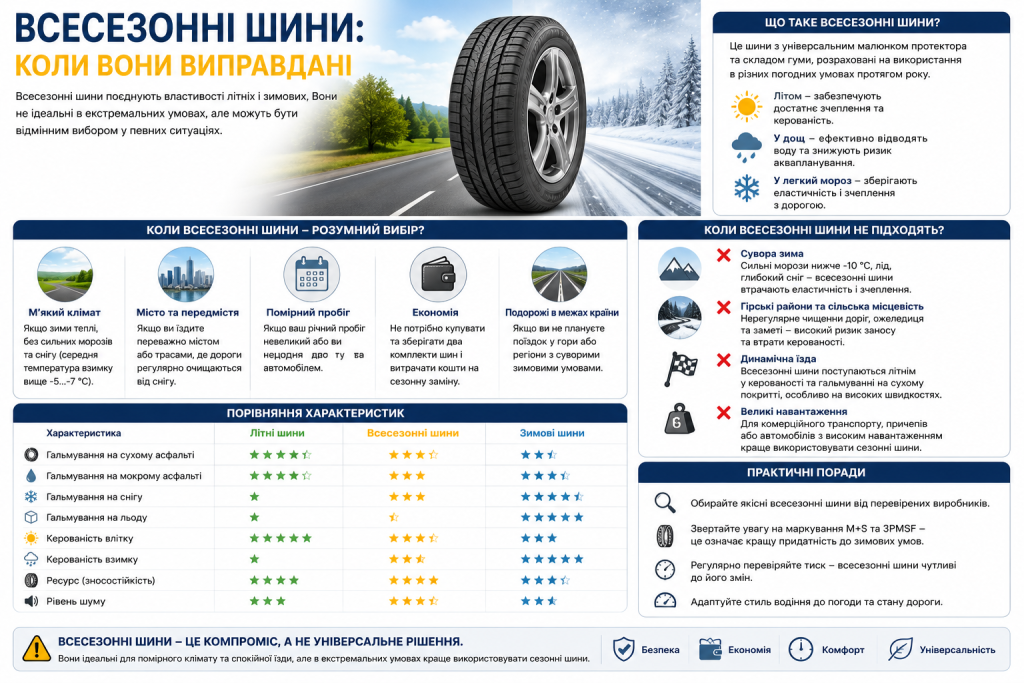 Інфографіка з порівнянням характеристик всесезонних, літніх та зимових шин