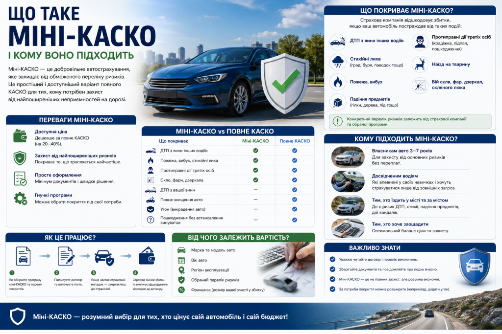 Інфографіка про страхування міні-КАСКО, його переваги та умови