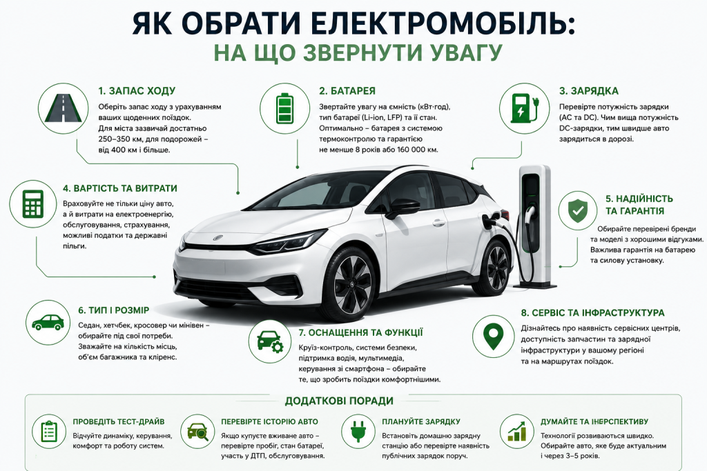 Інфографіка з вісьмома критеріями вибору електромобіля: запас ходу, батарея, зарядка та надійність