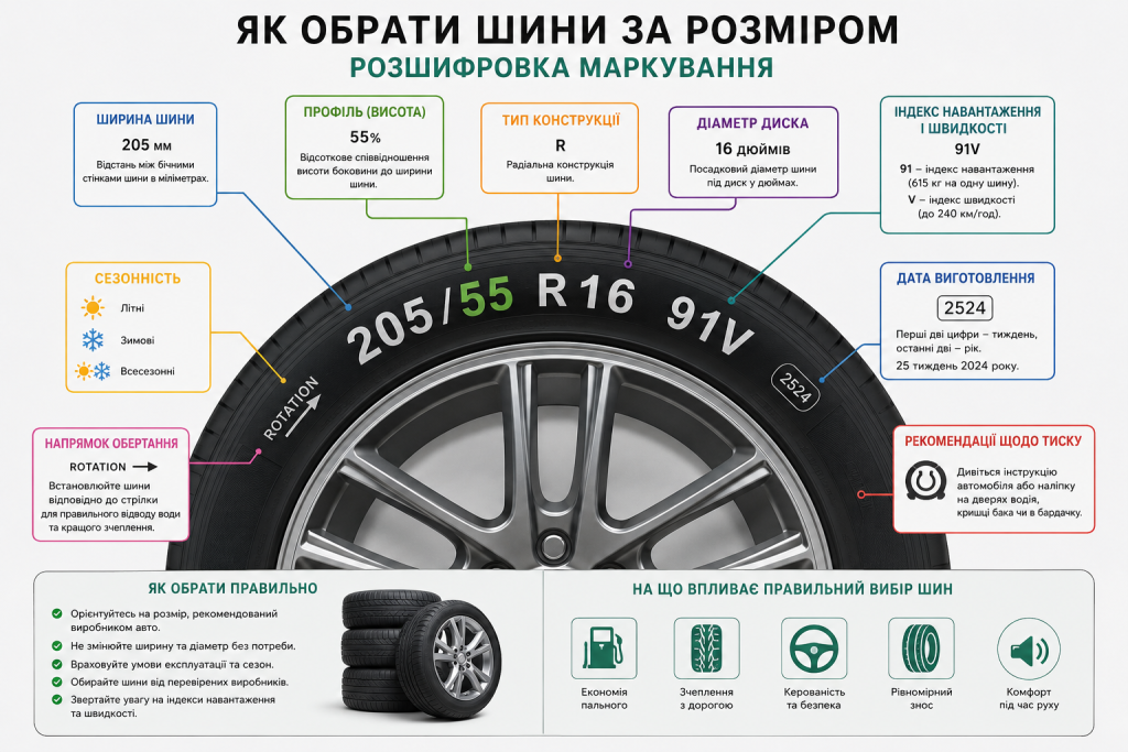 Інфографіка з розшифровкою маркування шини за розміром, сезонністю та датою виготовлення