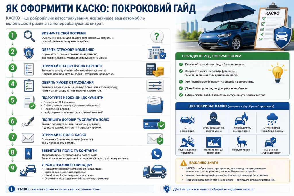 Інфографіка з етапами оформлення КАСКО: вибір компанії, розрахунок вартості, підписання договору