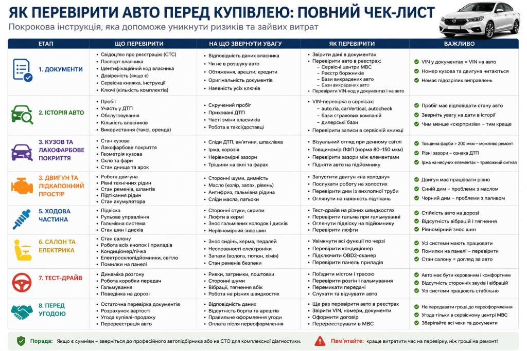 Покроковий чек-лист перевірки автомобіля перед купівлею за документами, кузовом та ходовою частиною