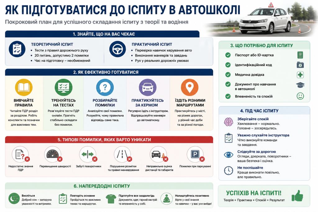 Інфографіка з покроковим планом підготовки до теоретичного та практичного іспиту в автошколі