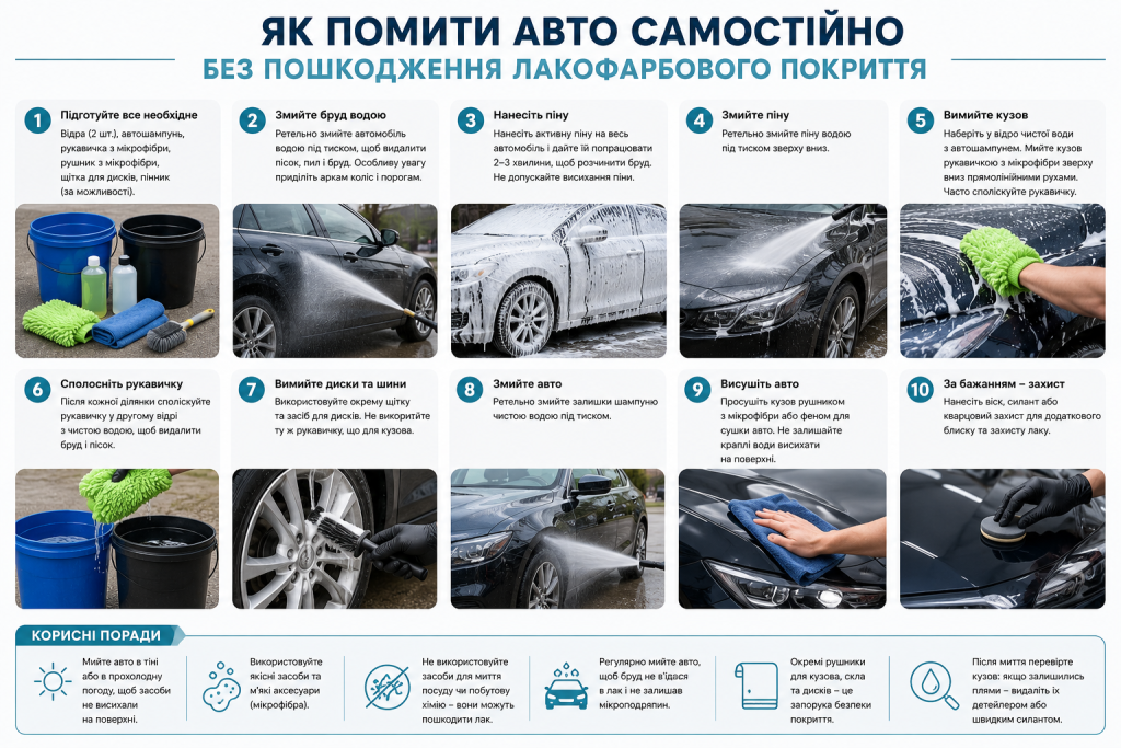 Покрокова інфографіка з миття автомобіля: піна, миття кузова, дисків, сушіння