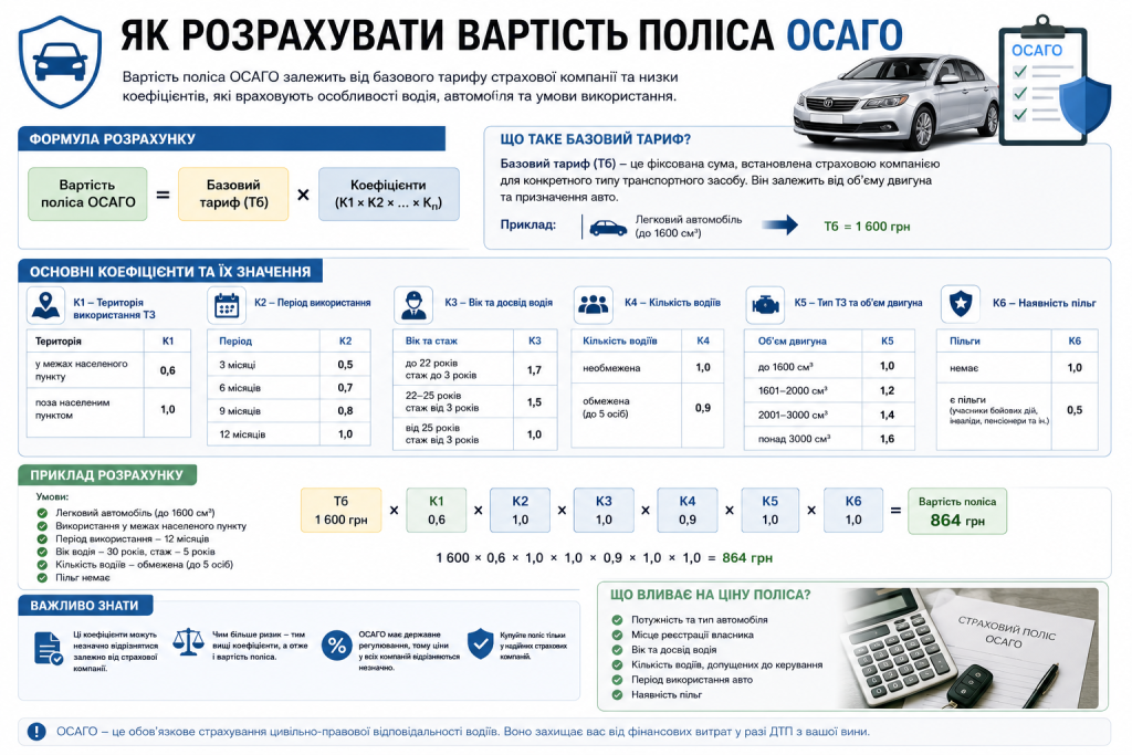 Інфографіка з формулою розрахунку ОСАГО, коефіцієнтами та прикладом обчислення вартості поліса