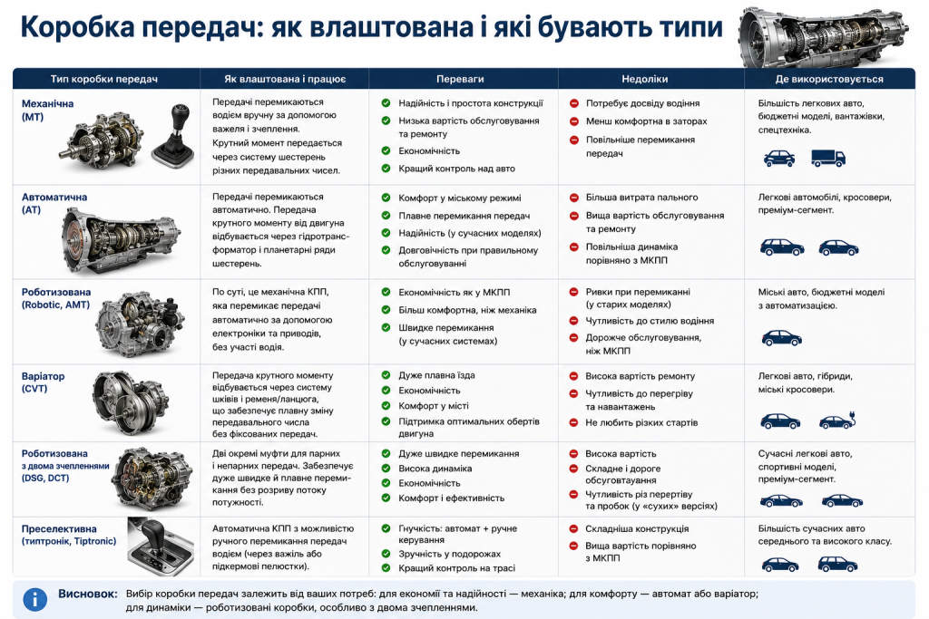 Порівняльна таблиця типів коробок передач за принципом роботи, перевагами та застосуванням