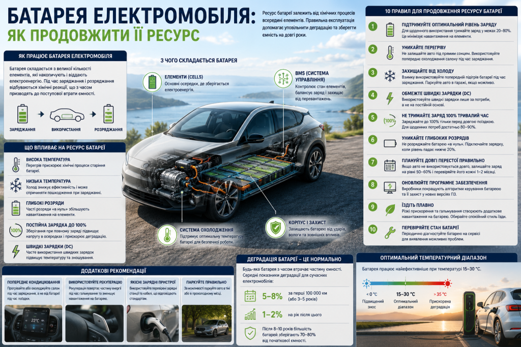 Інфографіка про батарею електромобіля, фактори зношування та способи продовження терміну служби