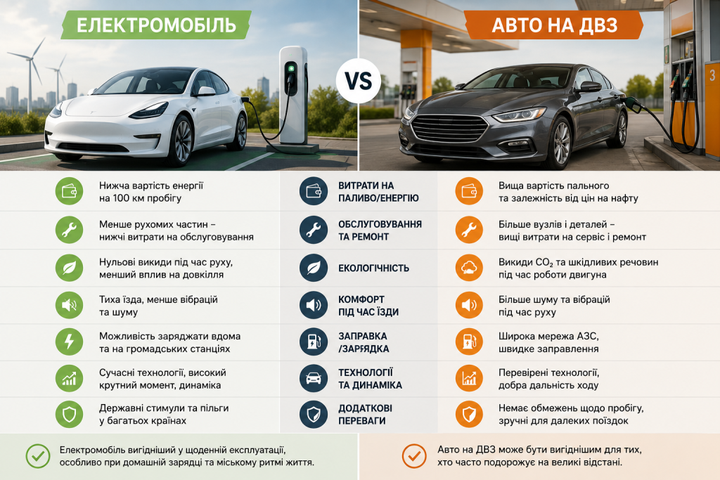 Інфографіка порівняння електромобіля та автомобіля з двигуном внутрішнього згоряння за витратами, екологічністю та обслуговуванням