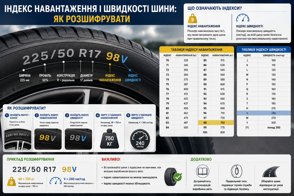 Інфографіка з розшифровкою індексу навантаження та індексу швидкості автомобільних шин