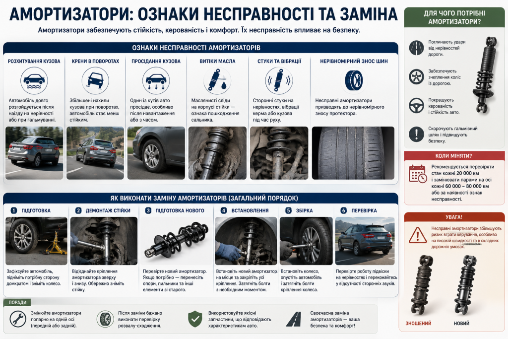 Інфографіка про ознаки несправності автомобільних амортизаторів, строки перевірки та порядок заміни.