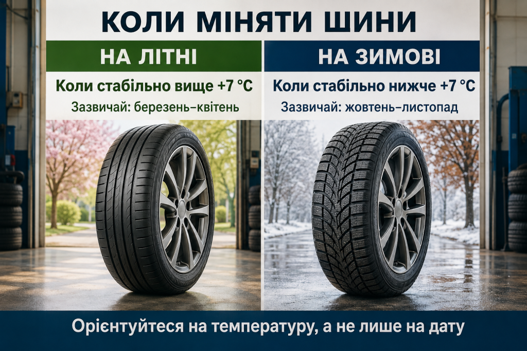 Коли міняти шини — інфографіка про перехід на літню та зимову гуму залежно від температури повітря