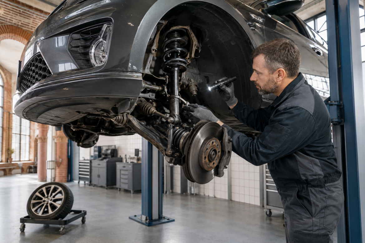 Автомеханік оглядає елементи передньої підвіски автомобіля на підйомнику після зняття колеса.