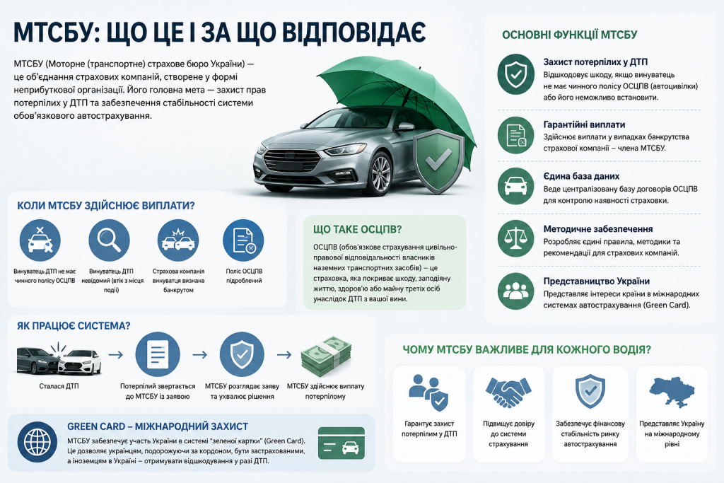 Інфографіка про Моторне транспортне страхове бюро України, ОСЦПВ, страхові виплати та захист потерпілих у ДТП