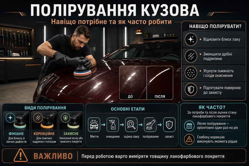 Інфографіка про полірування кузова автомобіля, видалення дрібних подряпин, відновлення блиску лаку, етапи роботи та рекомендовану частоту.