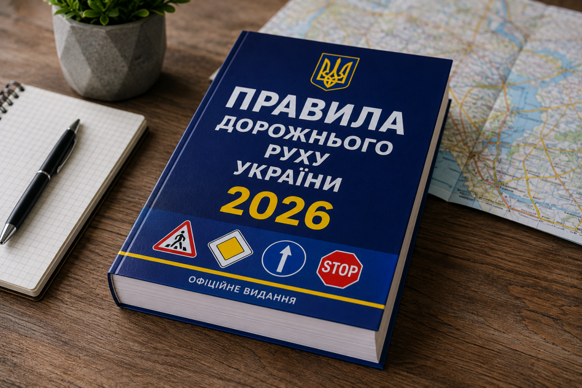 Книга «Правила дорожнього руху України 2026» із дорожніми знаками та картою на столі
