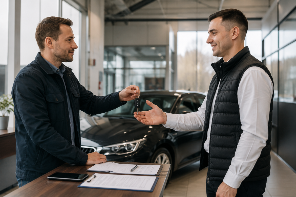 Продавець передає ключі від автомобіля новому власнику після оформлення документів.