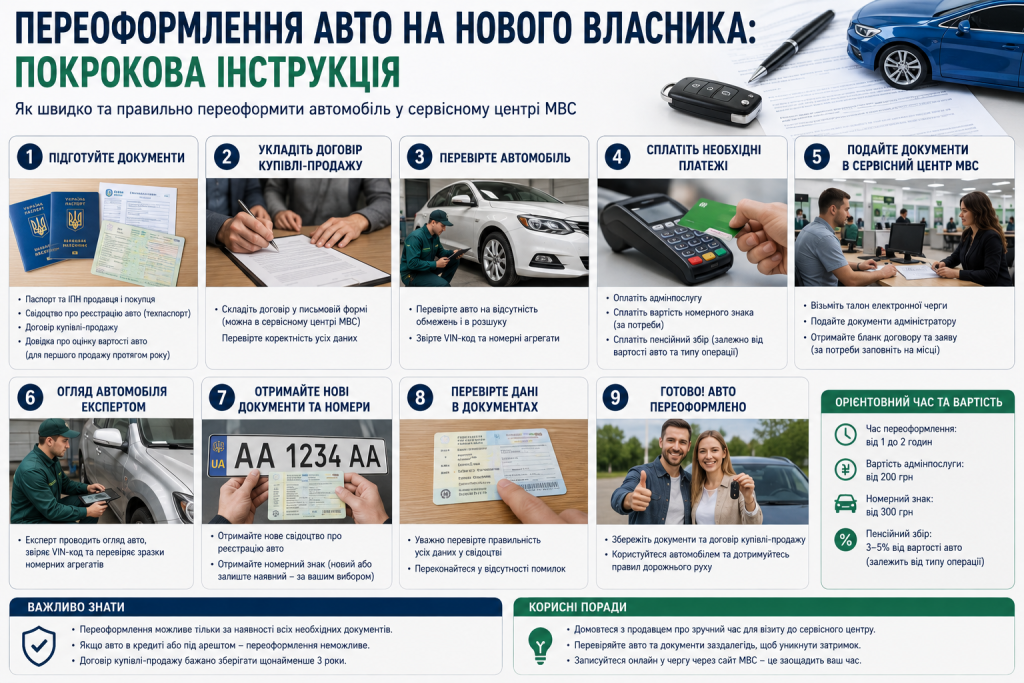 Покрокова інфографіка про переоформлення автомобіля на нового власника в сервісному центрі МВС.