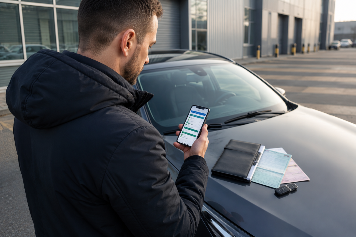 Водій перевіряє страховий поліс автомобіля через смартфон біля припаркованої машини.