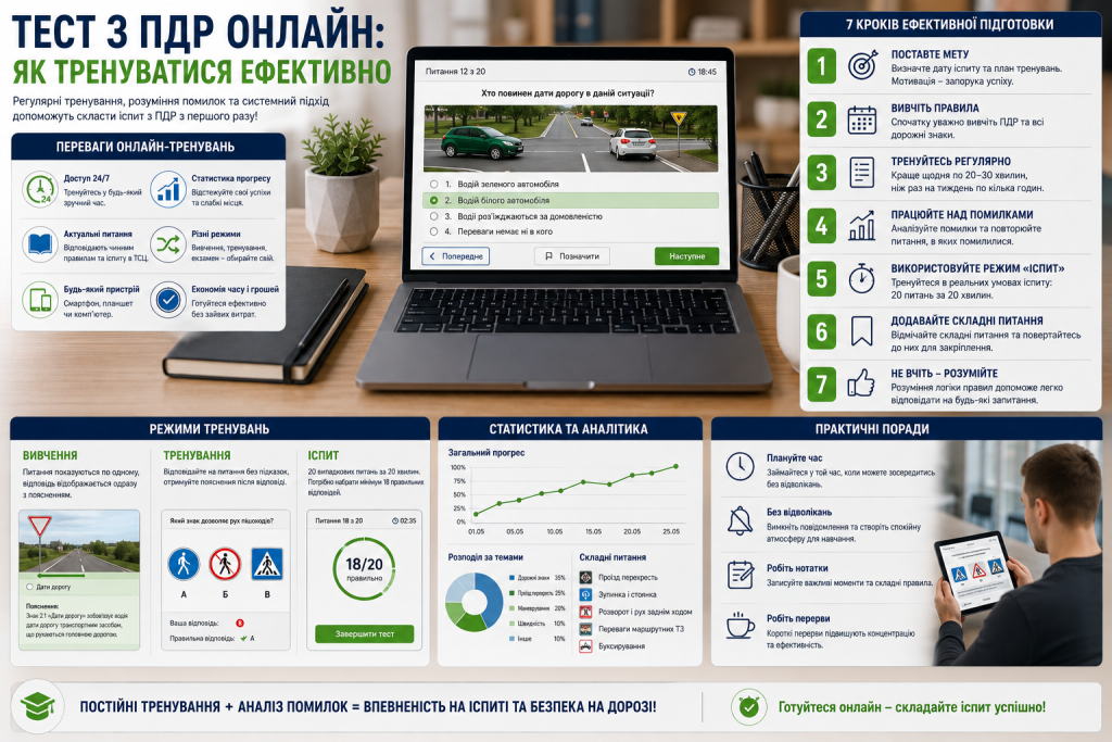Інфографіка про підготовку до онлайн-тесту з ПДР, режими тренувань та аналіз результатів