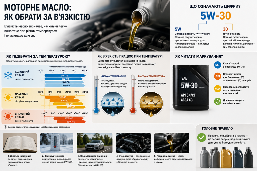 Інфографіка про вибір моторного масла за в’язкістю SAE, температурою експлуатації та маркуванням 5W-30