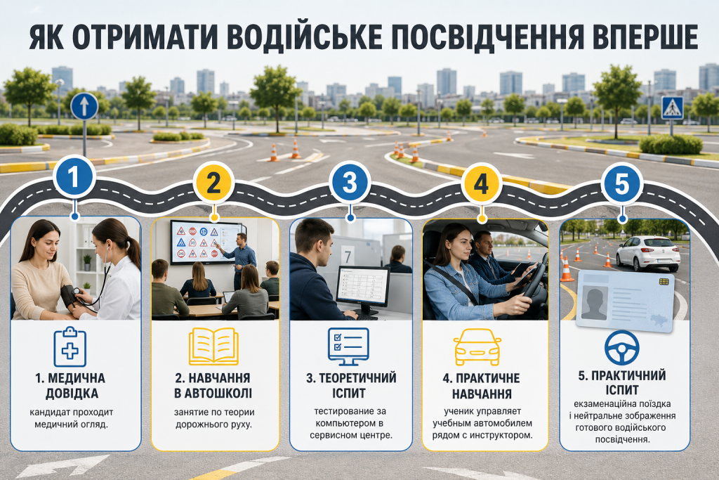 Як отримати водійське посвідчення вперше — інфографіка з етапами навчання в автошколі, складання іспитів і практики водіння