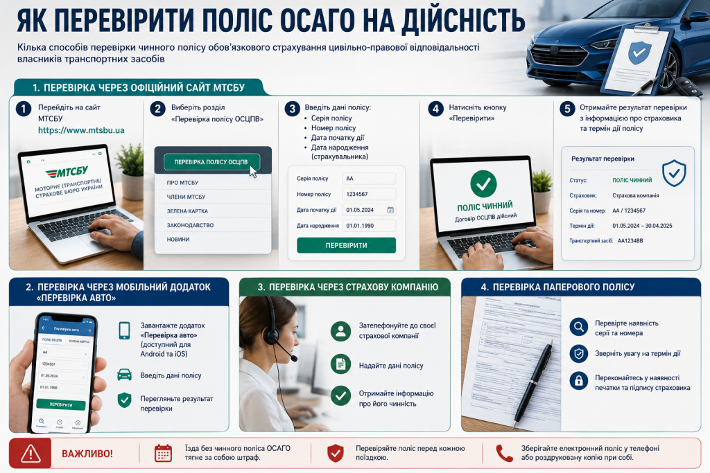Інфографіка з основними способами перевірки чинності поліса ОСАГО через сайт, мобільний застосунок і страхову компанію.